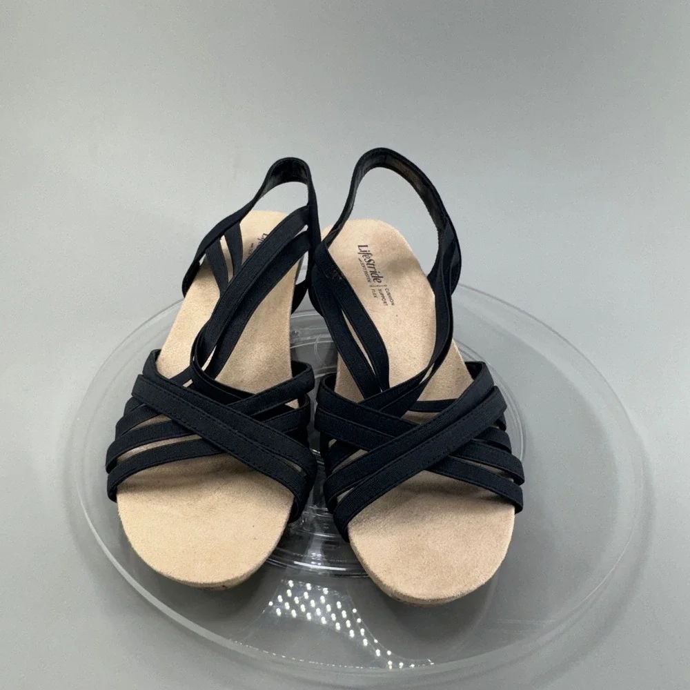 LifeStride Mallory Wedge Sandals 7M Black Strappy Cork Comfort Summer Shoes